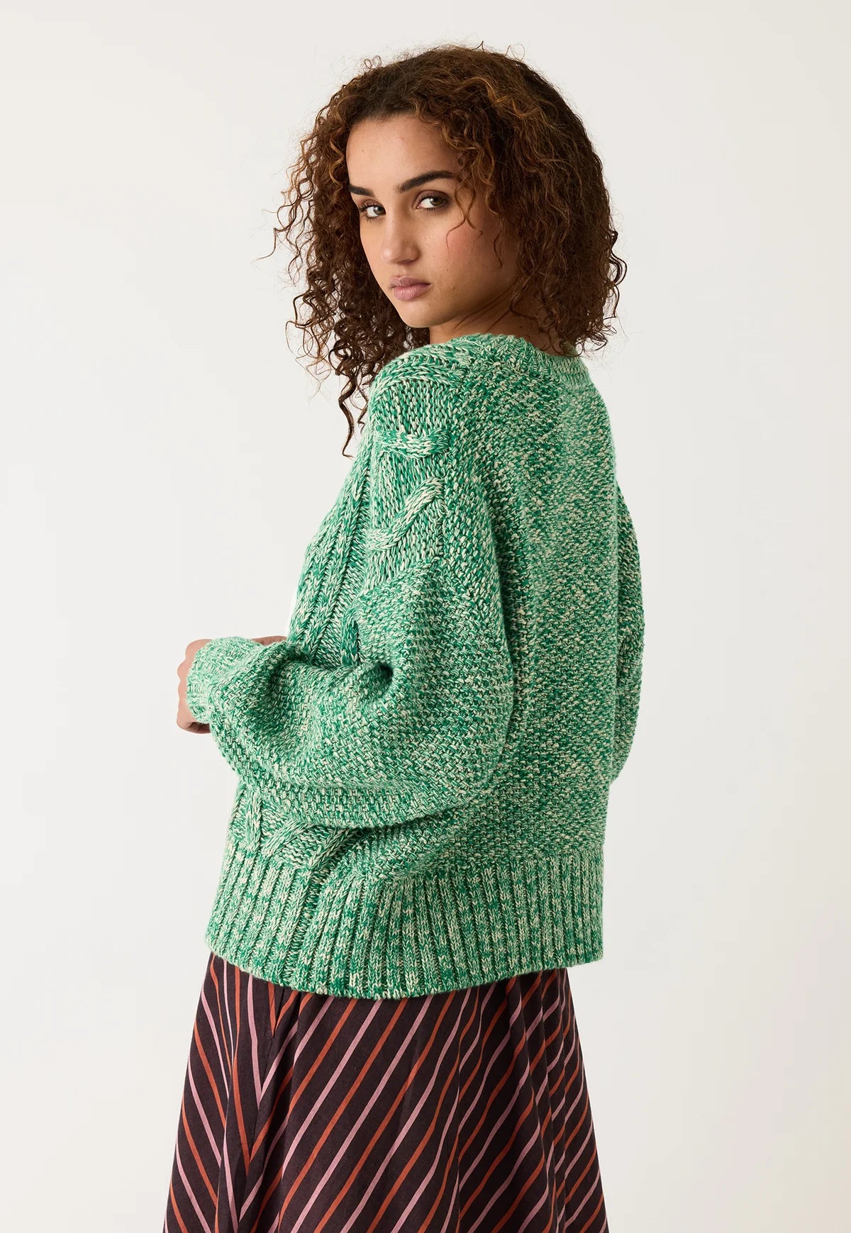 Nancybird Gigi merino wool cotton cable knit sweater in splice green.