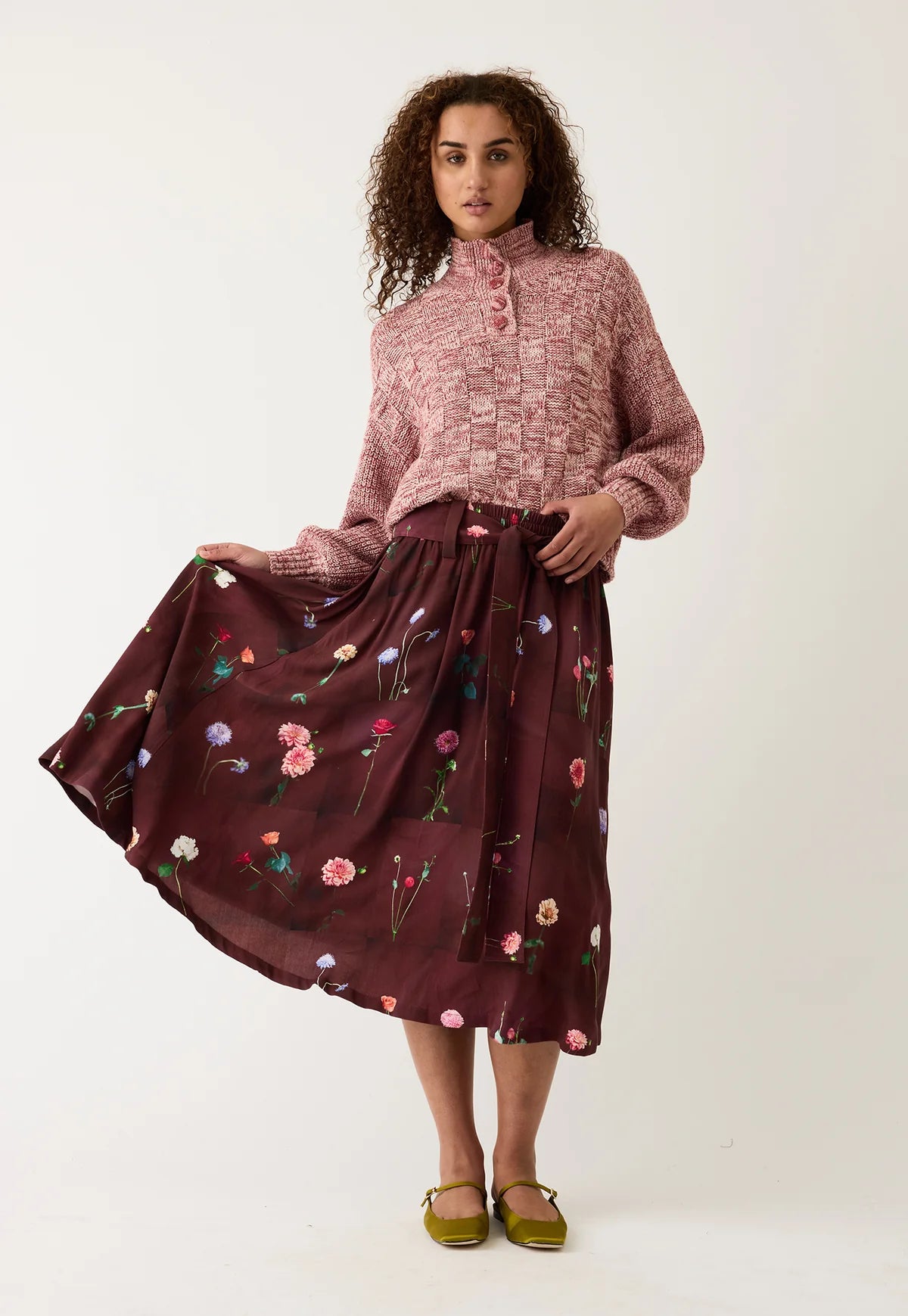 Nancybird Porcelain tile gathered waist skirt in Emily Wright floral print.