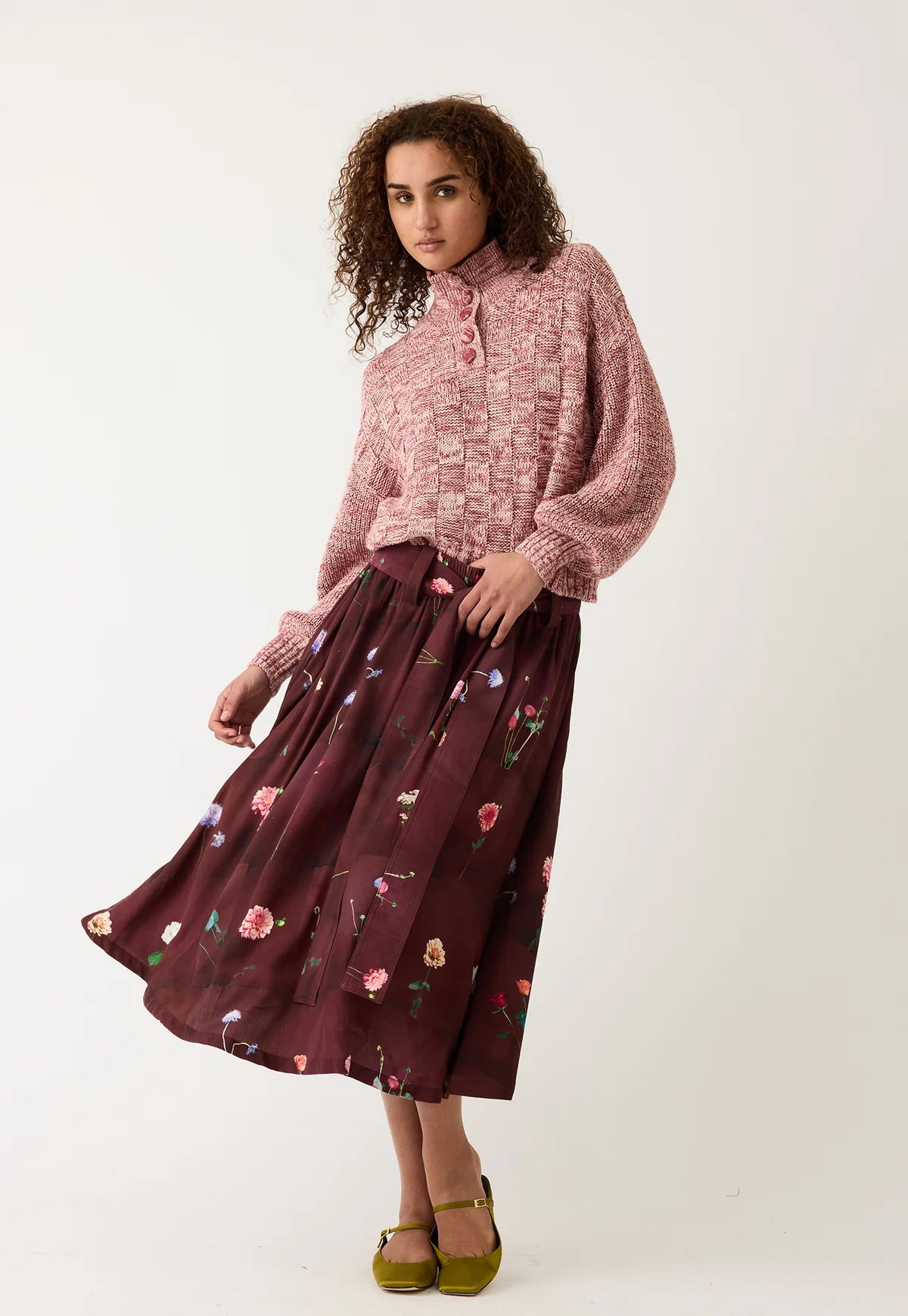 Nancybird Porcelain tile gathered waist skirt in Emily Wright floral print.