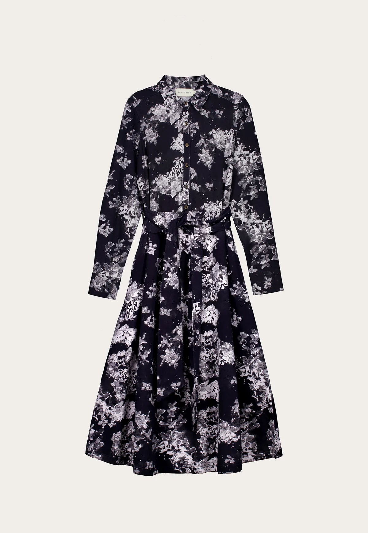 Nancybird Mera cotton shirt dress in hydrangea greyscale floral print.