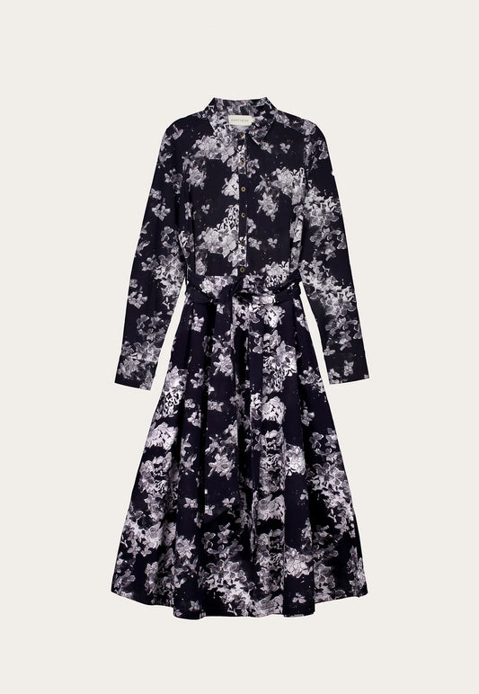 Nancybird Mera cotton shirt dress in hydrangea greyscale floral print.