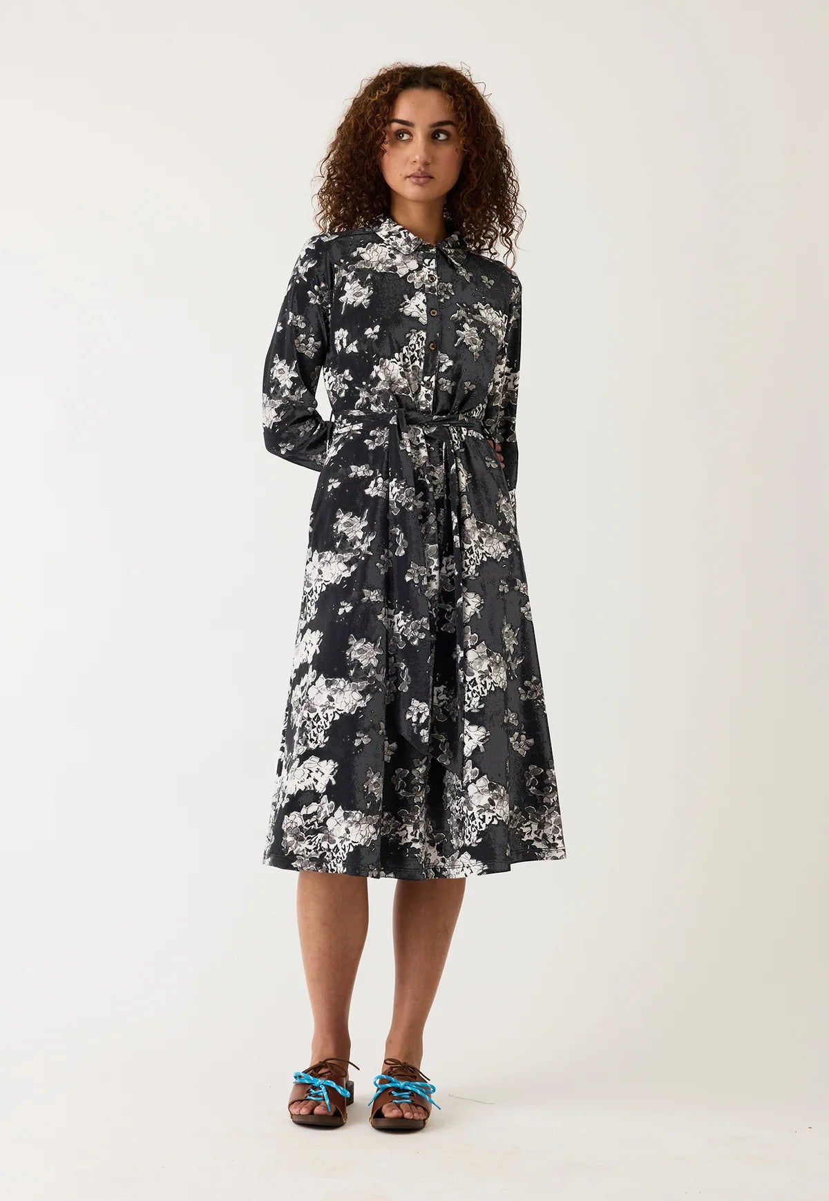 Nancybird Mera cotton shirt dress in hydrangea greyscale floral print.
