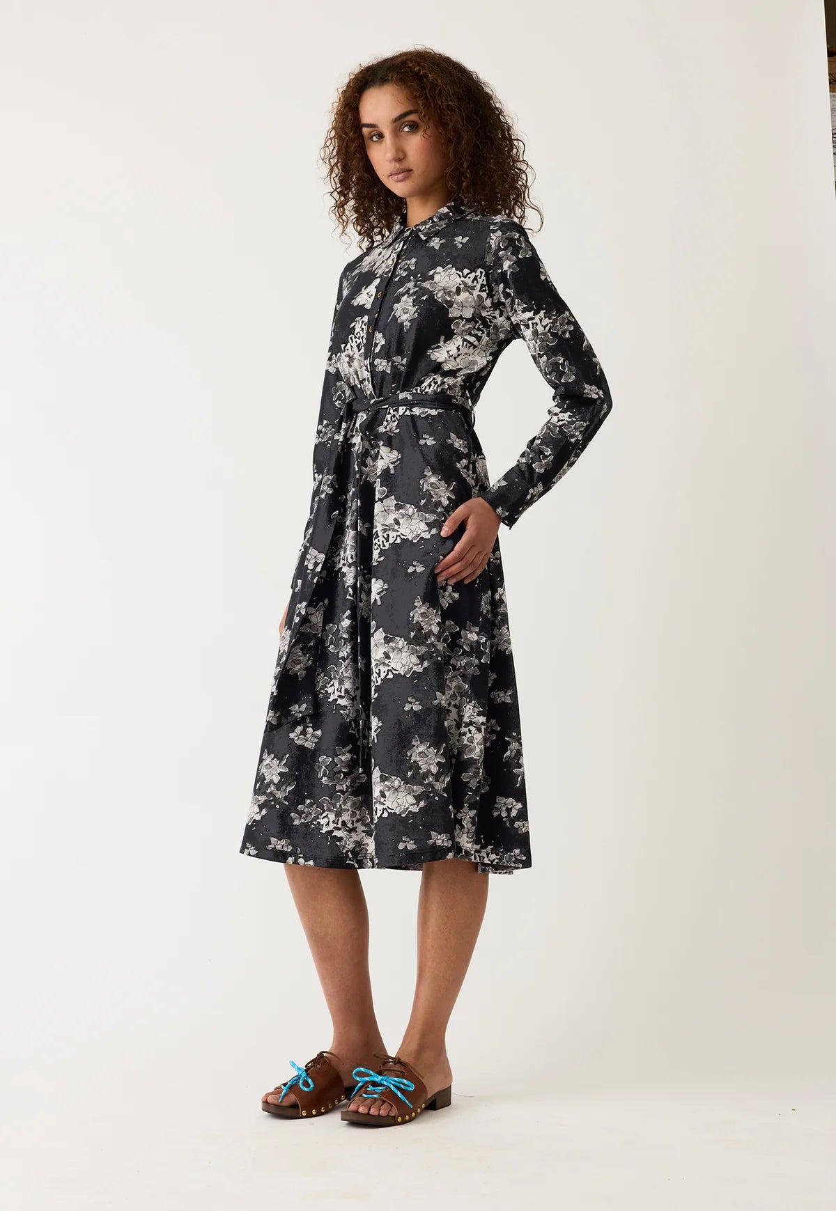 Nancybird Mera cotton shirt dress in hydrangea greyscale floral print.