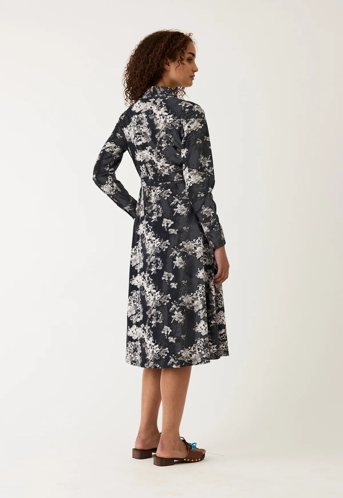 Nancybird Mera cotton shirt dress in hydrangea greyscale floral print.