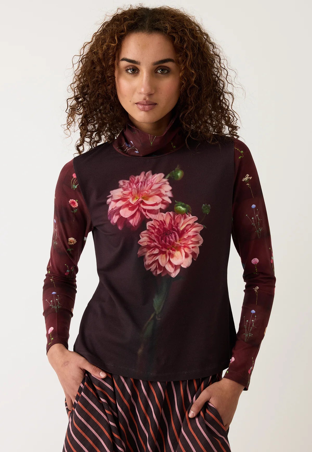 Nancybird Dahlia floral long-sleeve skivvy Sundew top. 