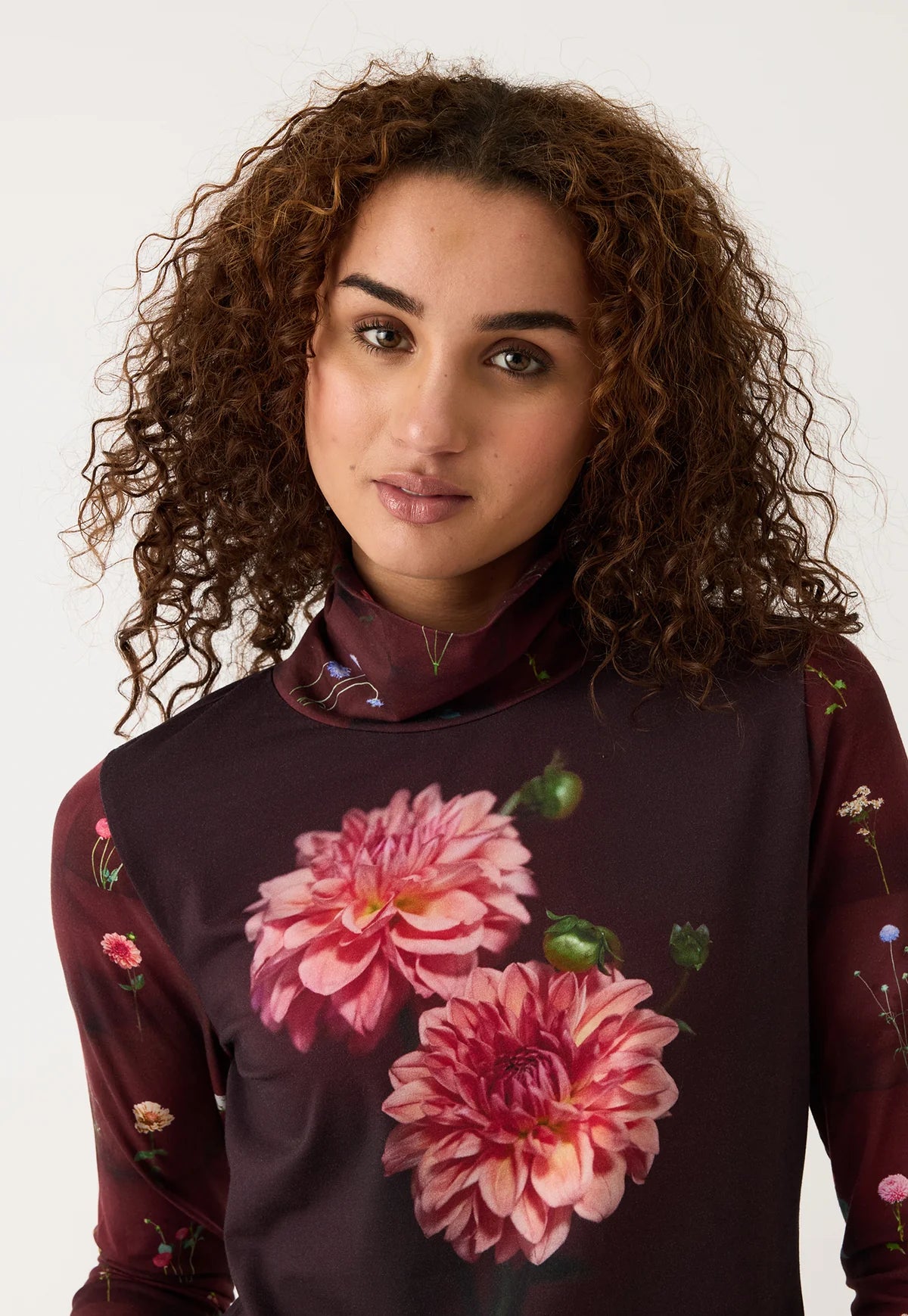 Nancybird Dahlia floral long-sleeve skivvy Sundew top. 