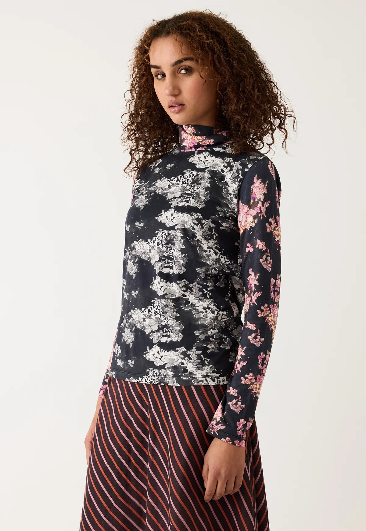 Nancybird Sundew organic cotton skivvy Hydrangea splice floral print.