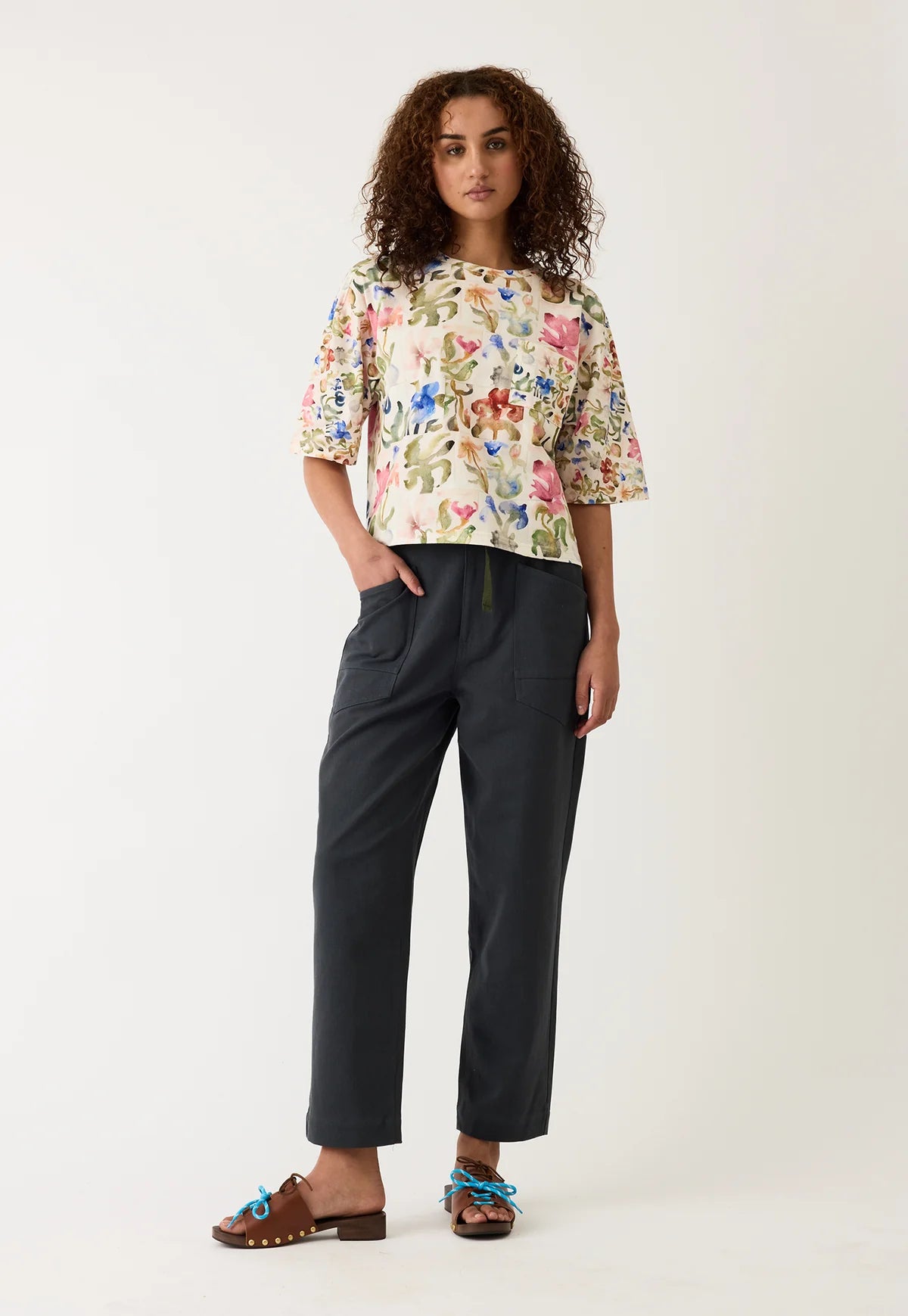 Nancybird tasmin boxy cotton tee t-shirt in watercolour collage floral print.