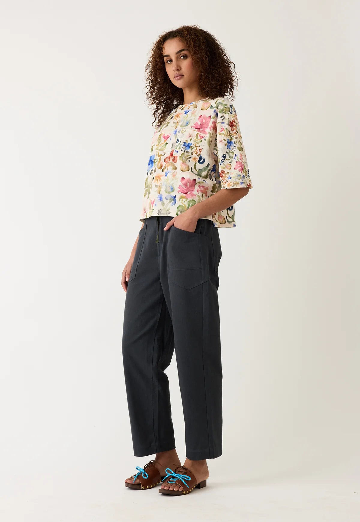 Nancybird tasmin boxy cotton tee t-shirt in watercolour collage floral print.
