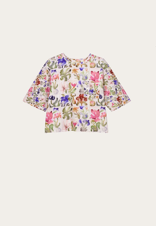 Nancybird tasmin boxy cotton tee t-shirt in watercolour collage floral print.