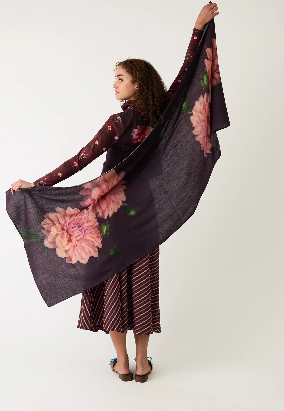 Nancybird Dahlia long fine wool floral scarf.