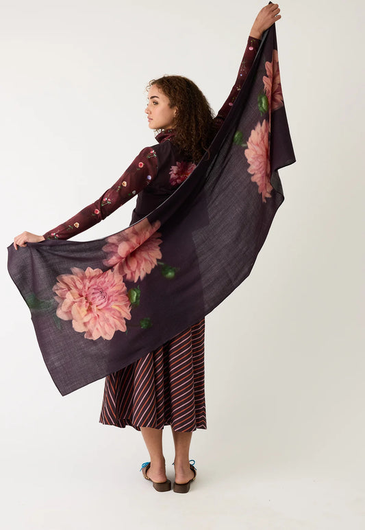 Nancybird Dahlia long fine wool floral scarf.