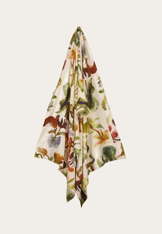 Nancybird wool crepe scarf in Watercolour collage floral print.