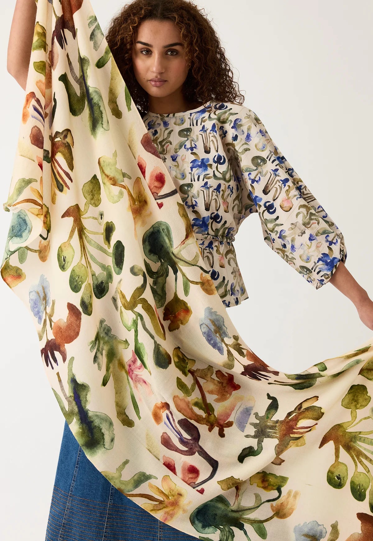 Nancybird wool crepe scarf in Watercolour collage floral print.