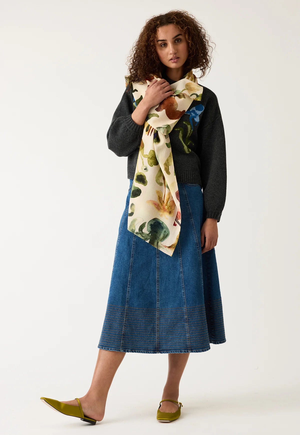 Nancybird wool crepe scarf in Watercolour collage floral print.