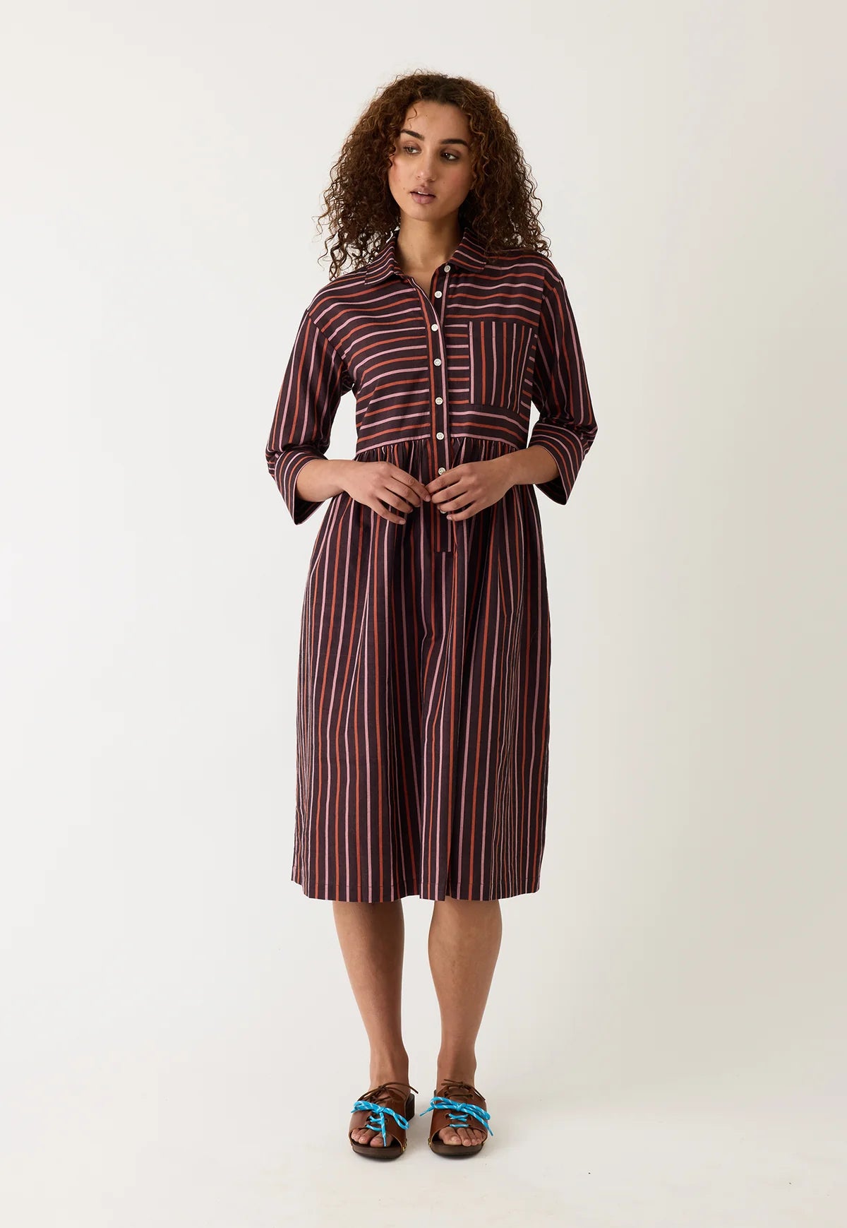 Nancybird Mel button up shirtdress in handwoven Twilight stripe cotton.