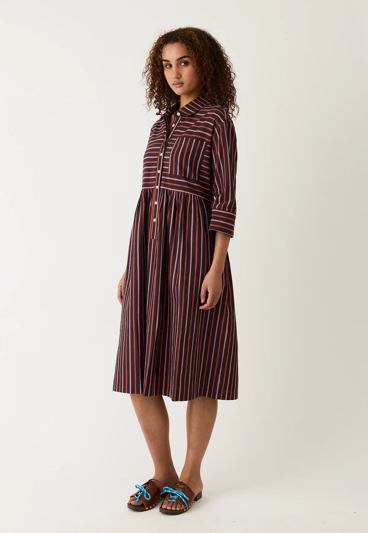 Nancybird Mel button up shirtdress in handwoven Twilight stripe cotton.