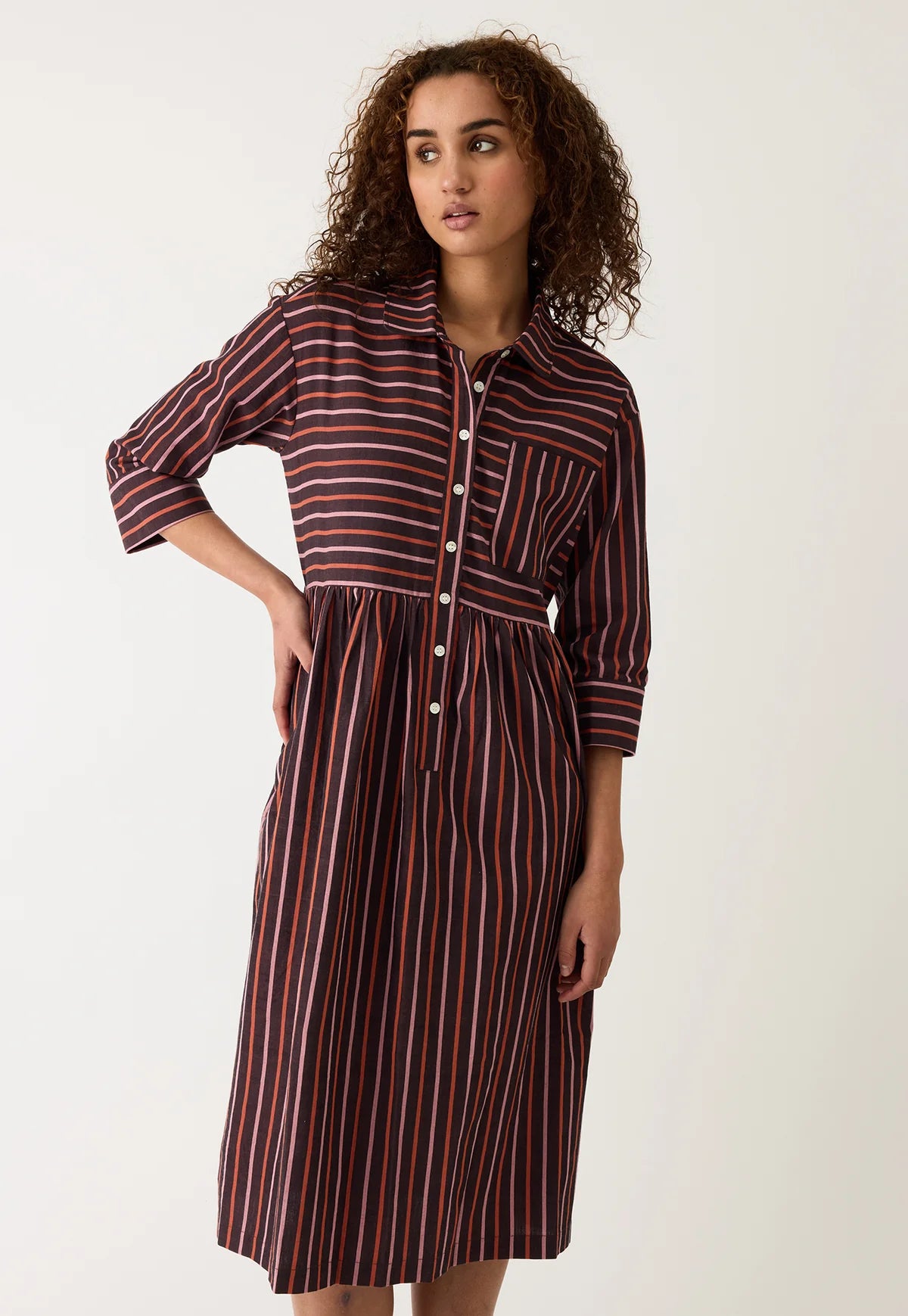 Nancybird Mel button up shirtdress in handwoven Twilight stripe cotton.