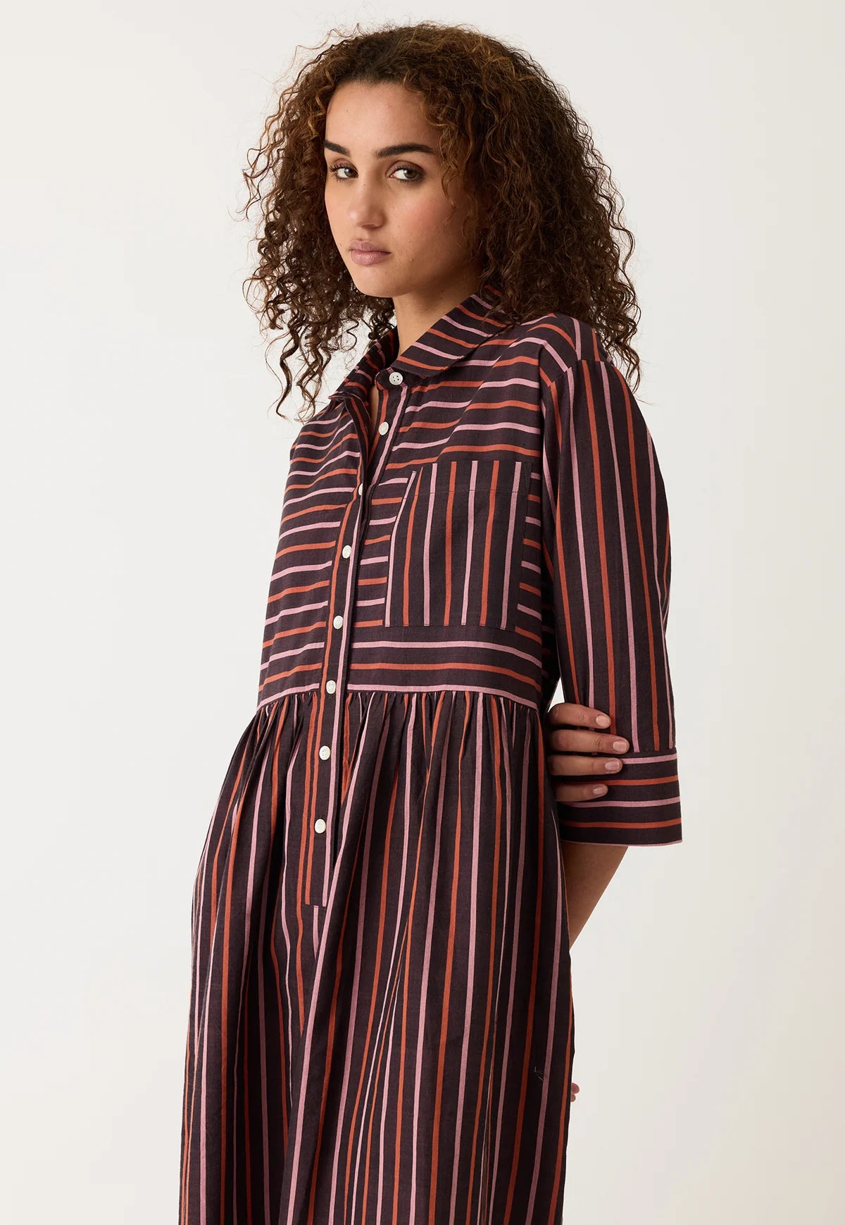 Nancybird Mel button up shirtdress in handwoven Twilight stripe cotton.