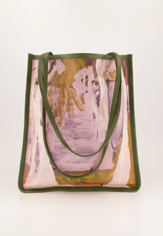 Nancybird Moor tote bag vegetable tanned leather with digital print artwork.