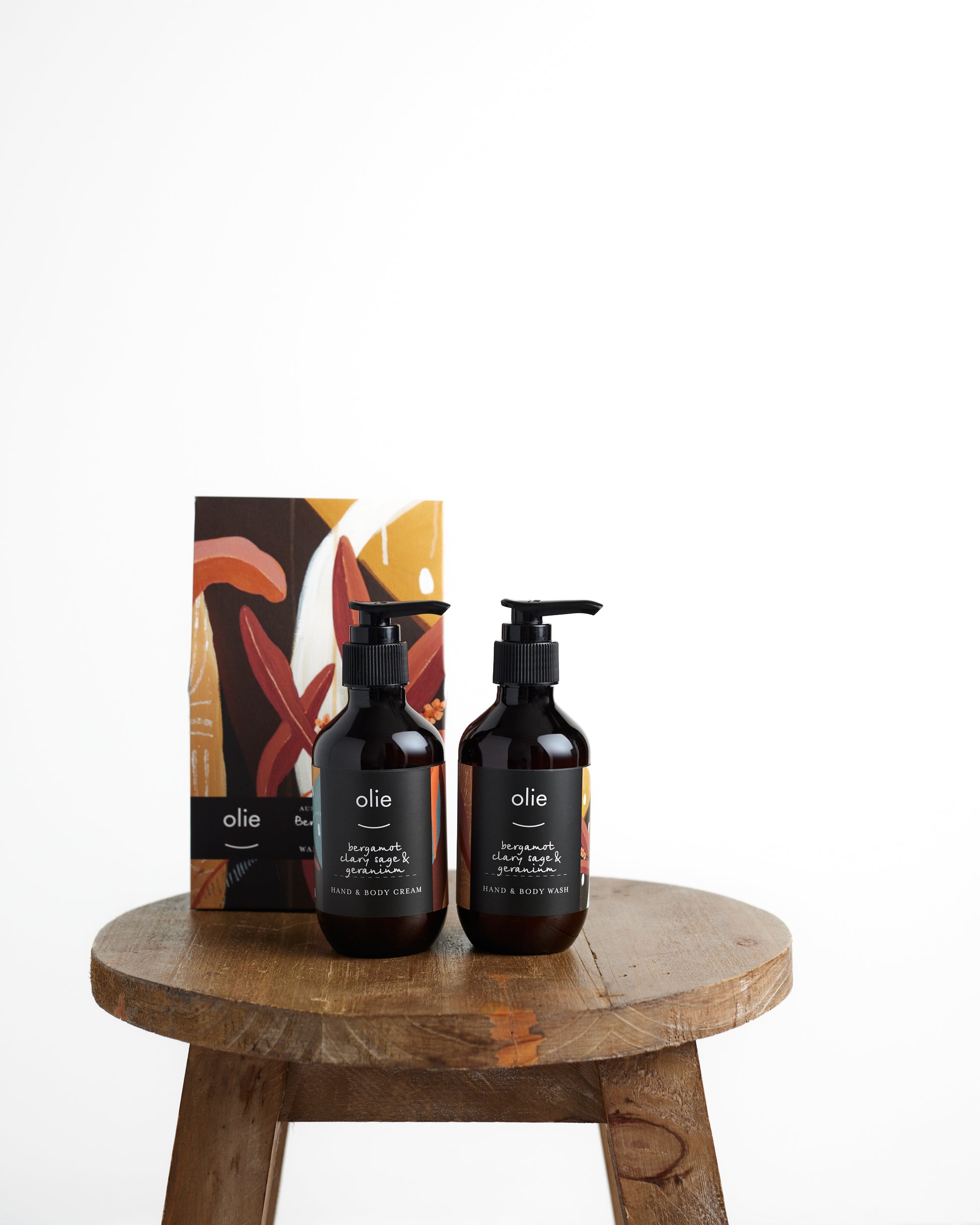 Olieve and Olie bergamot, clary sage and geranium hand and body wash and hand and body cream twin boxed gift set, all natural and organic ingredients.