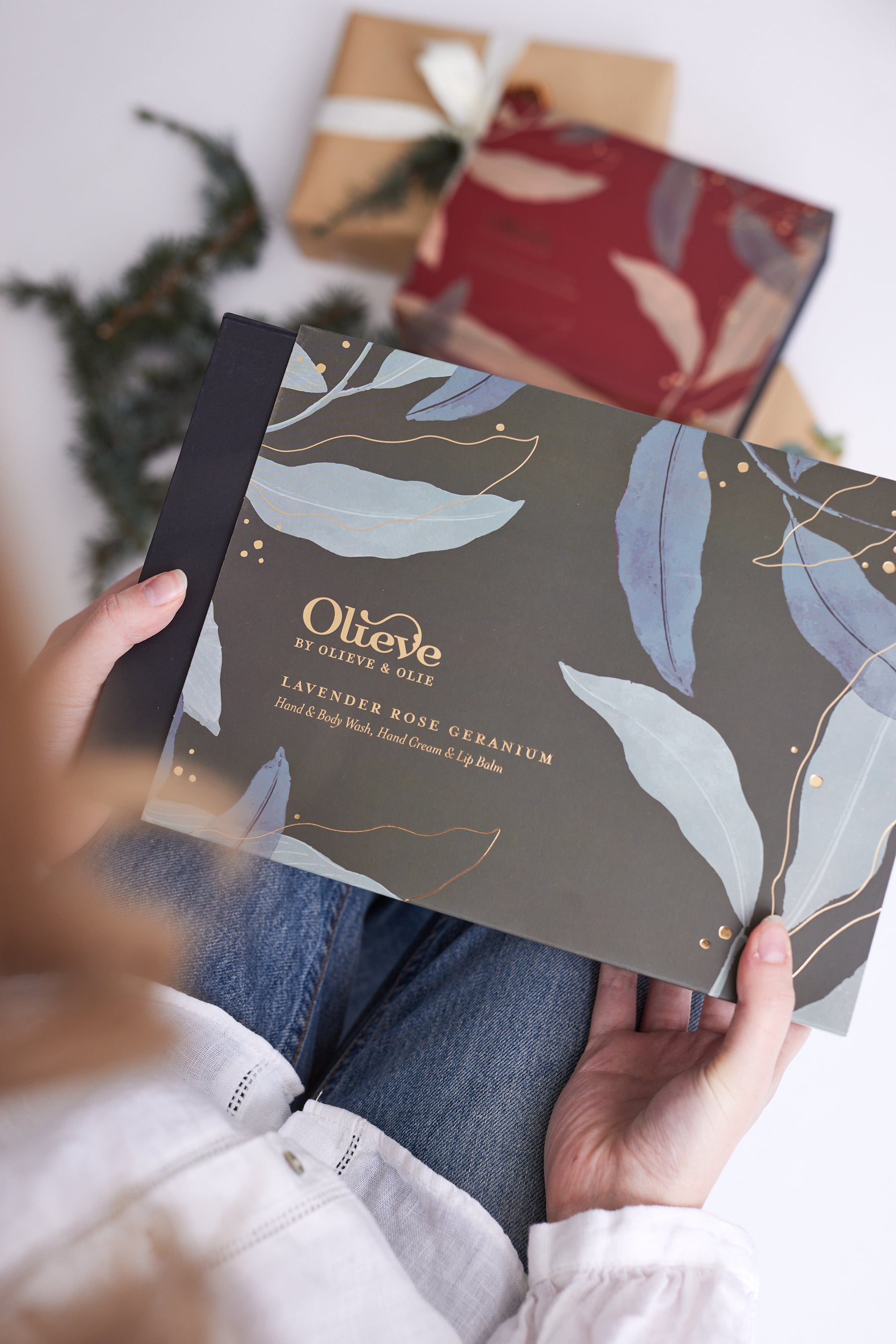 Olieve and Olie Christmas gift set hand soap, hand cream and lip balm.