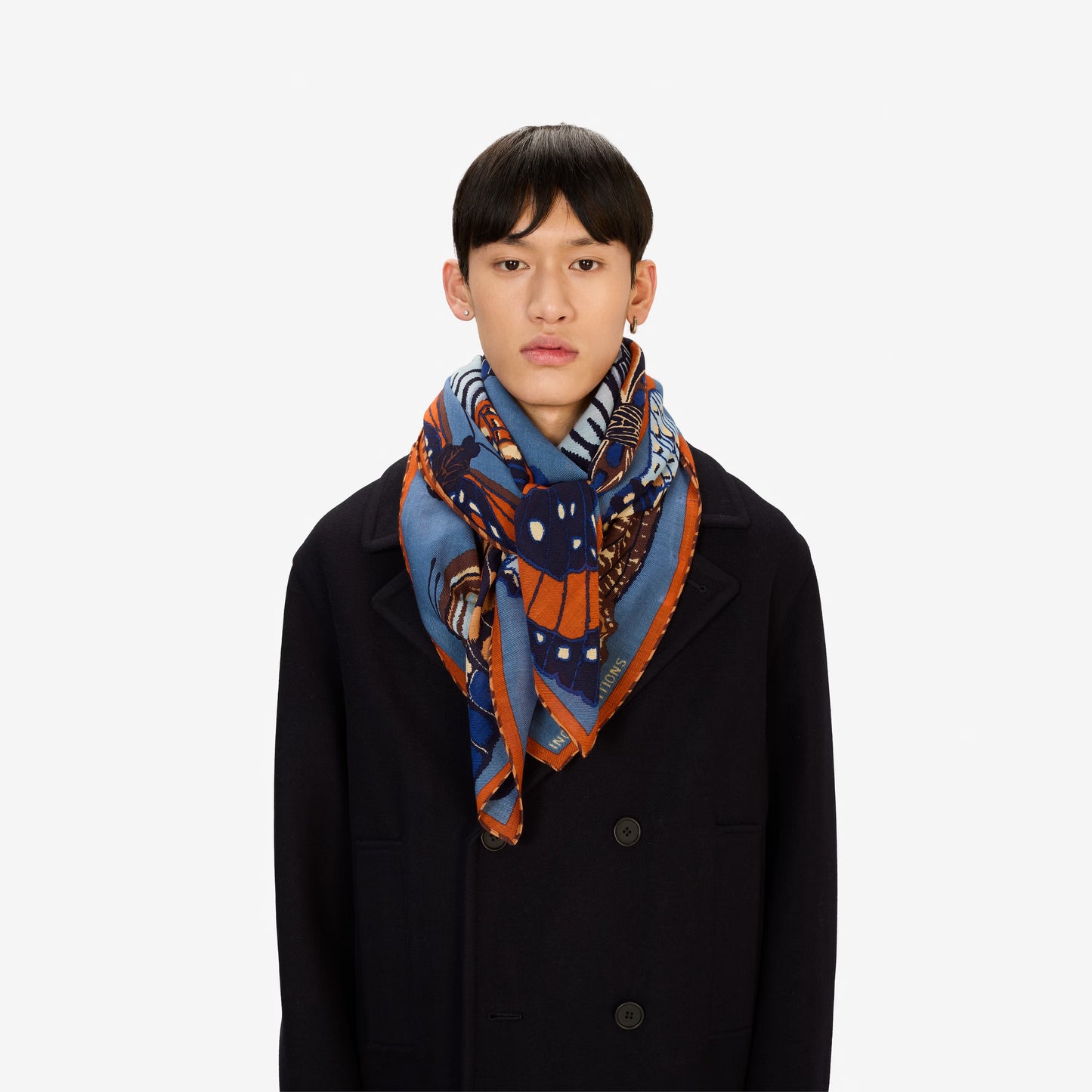 Inoui editions duck blue papillon butterfly square scarf carre in pure wool