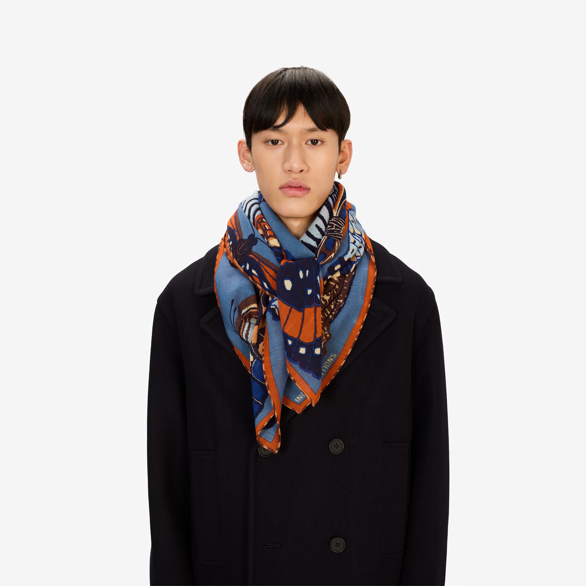 Inoui editions duck blue papillon butterfly square scarf carre in pure wool