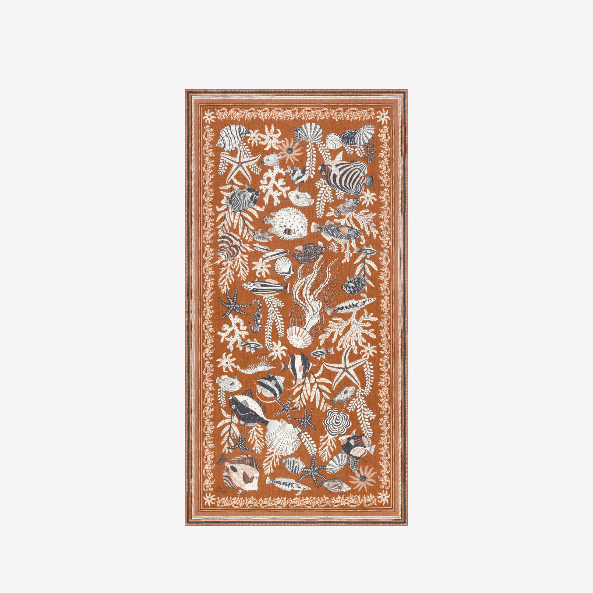 Inoui Editions Neptune Golden brown pure cotton scarf tan background with fish and underwater creatures.