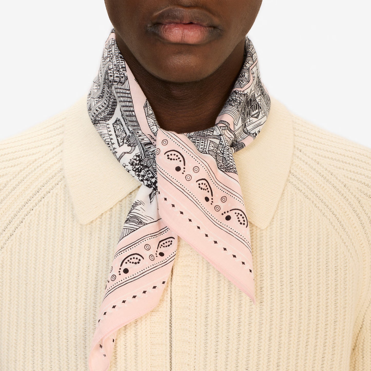 Inoui Editions fine cotton square scarf carre, Louvre map design on a pink border with intricate details
