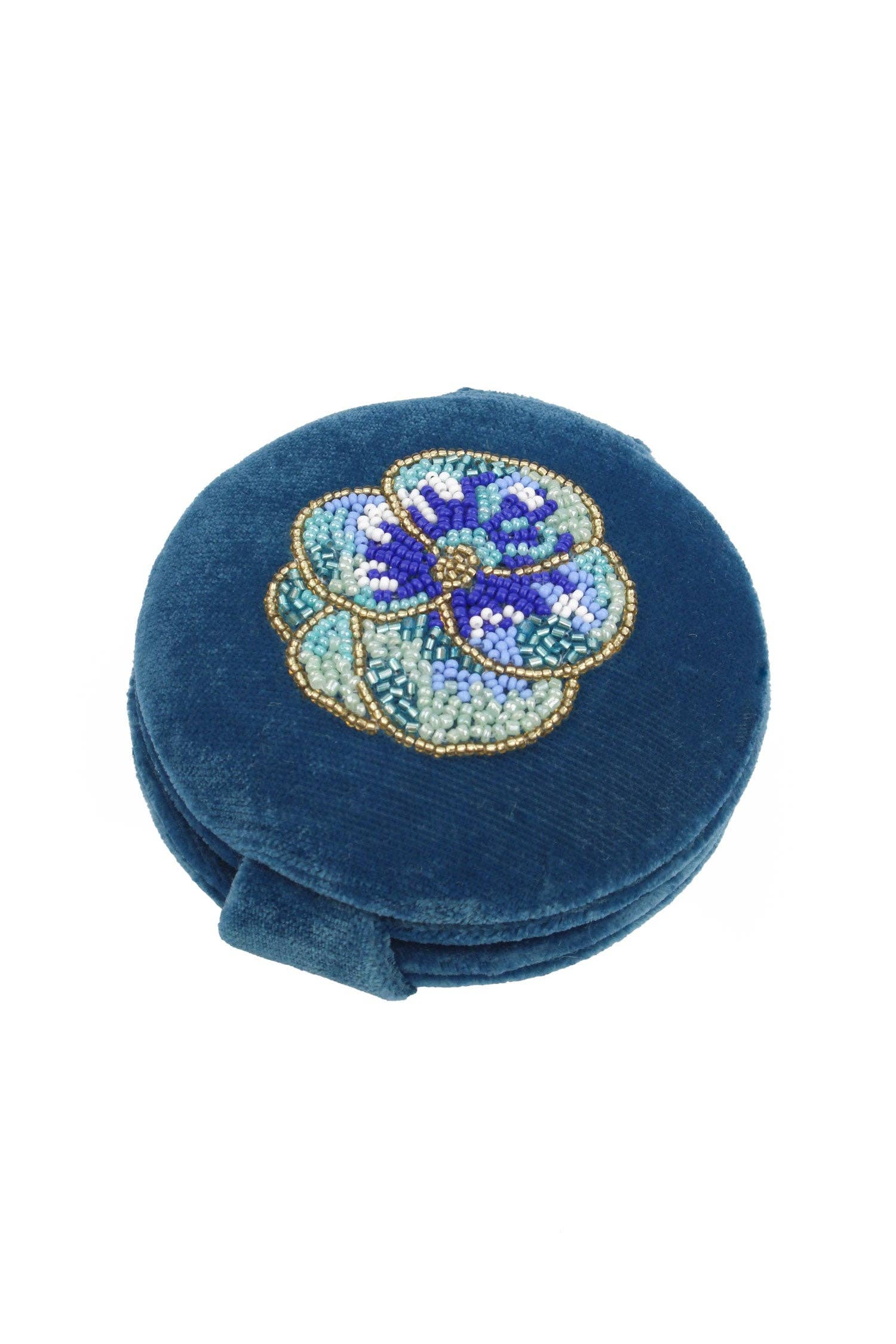My Doris blue pansy velvet beaded compact mirror.
