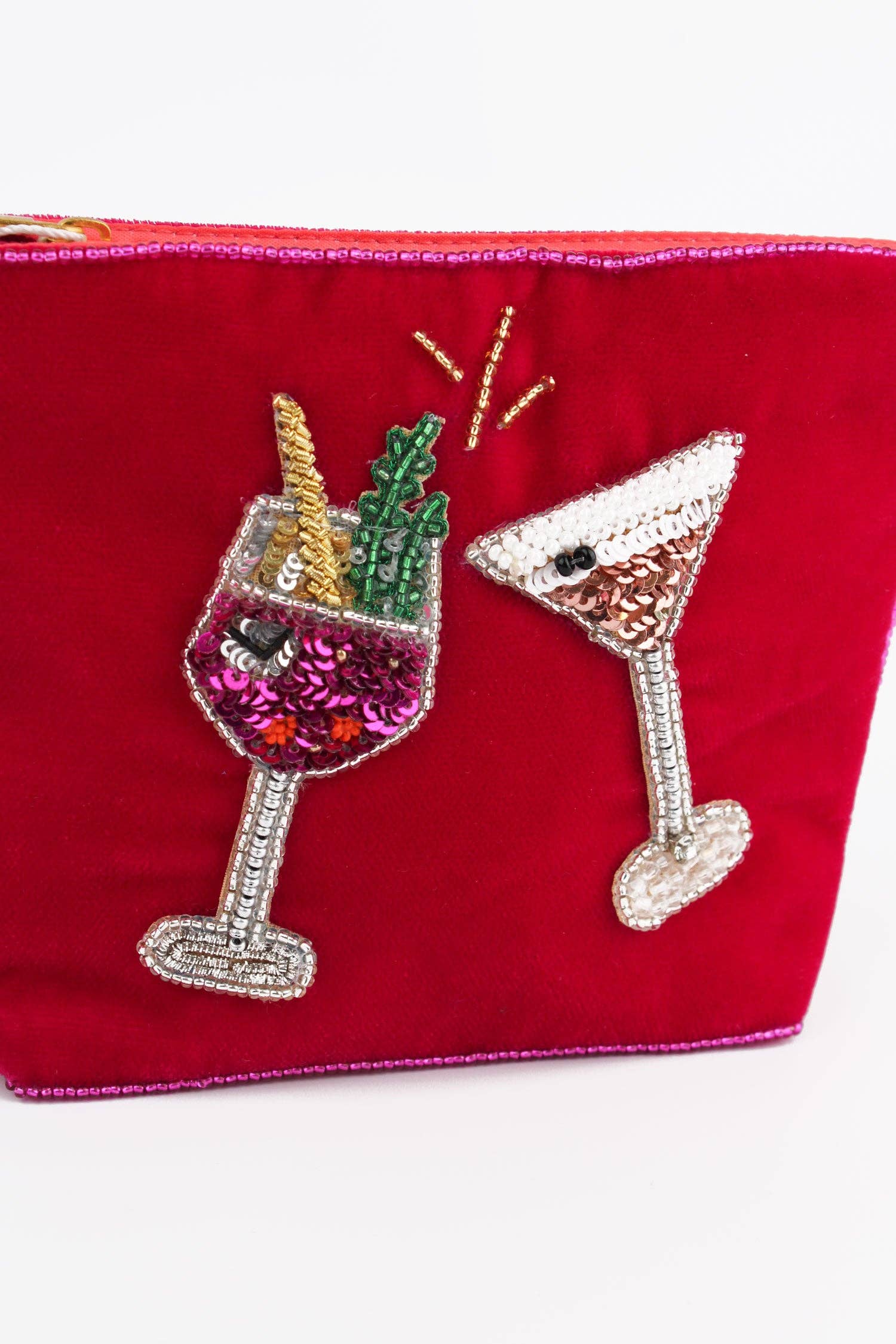 My Doris embroidered and beaded pink and fizz and espresso martini velvet zippered pouch.