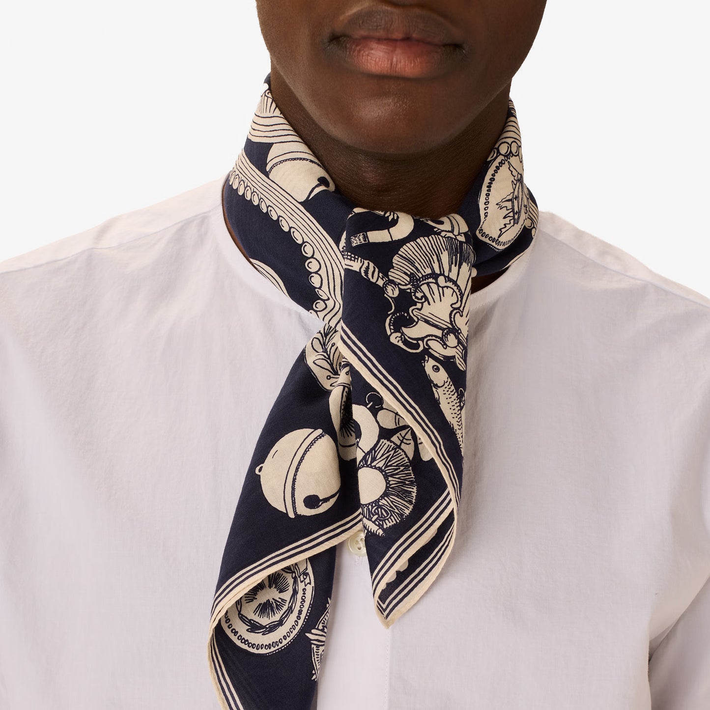 Inoui Editions cotton silk carre Octopus navy blue scarf with white octopus design and decorative elements on a white background.