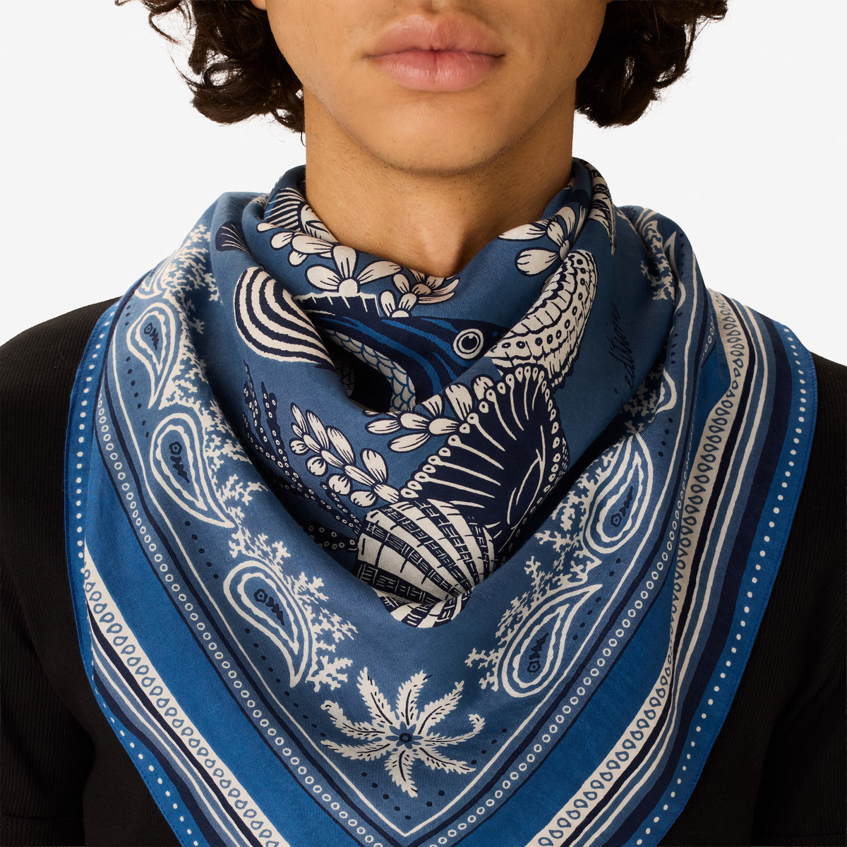 Inoui Editions Neptune pure silk carre, blue and white scarf with marine life design on a white background.