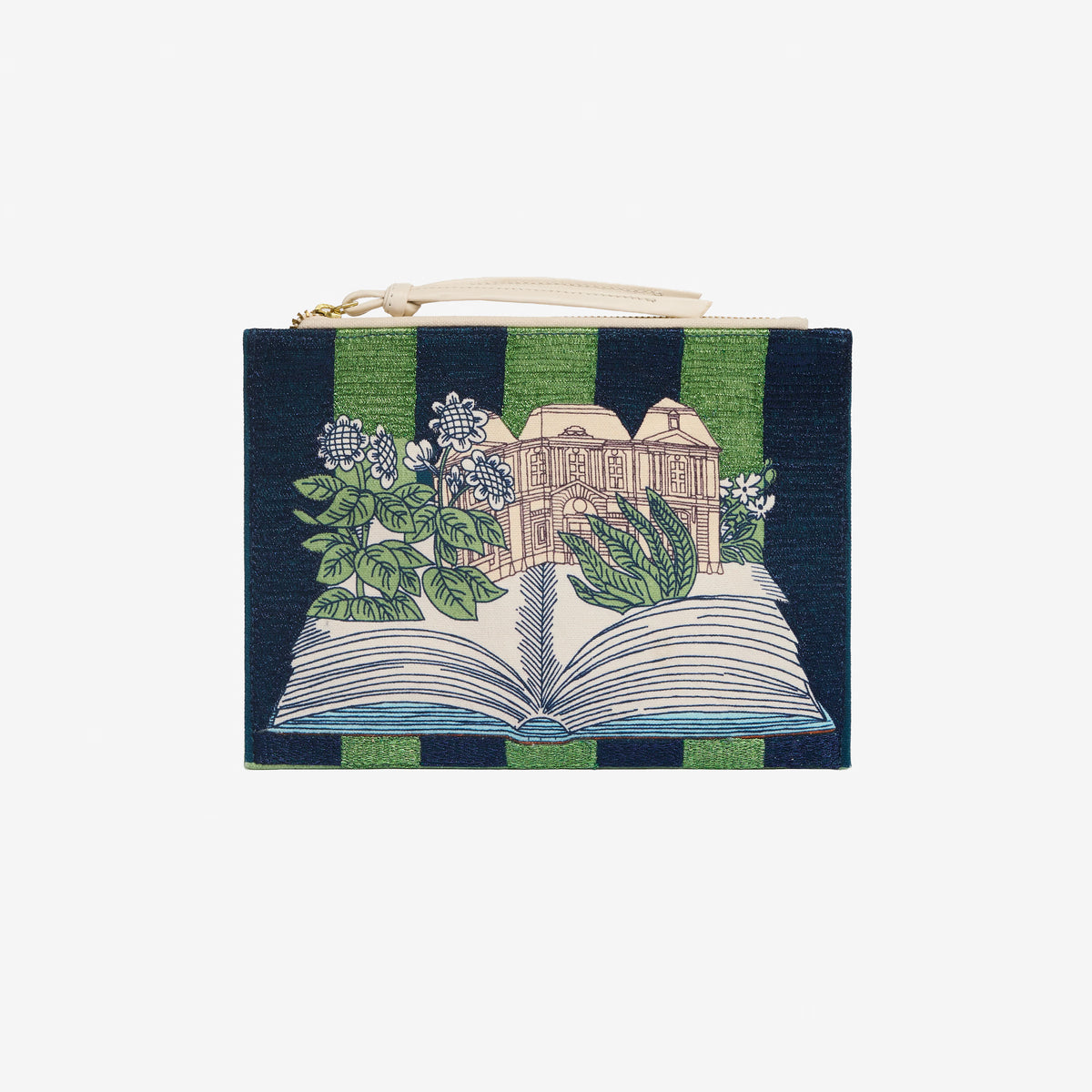 Inoui Editions Paris Septieme small zippered pouch with a cream-colored handle, featuring a detailed tapestry-style illustration of an open book, green leaves, blue flowers, and a castle against a navy and green striped background.