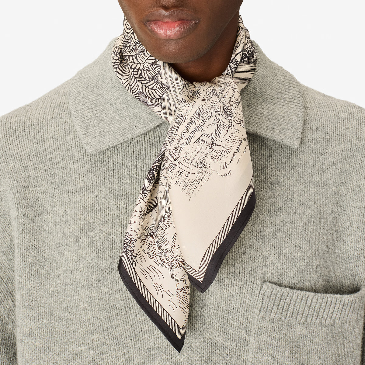 Inoui Editions Piranesi cotton silk carre square scarf, finely drawn classical architecture with big cats, in black on white.