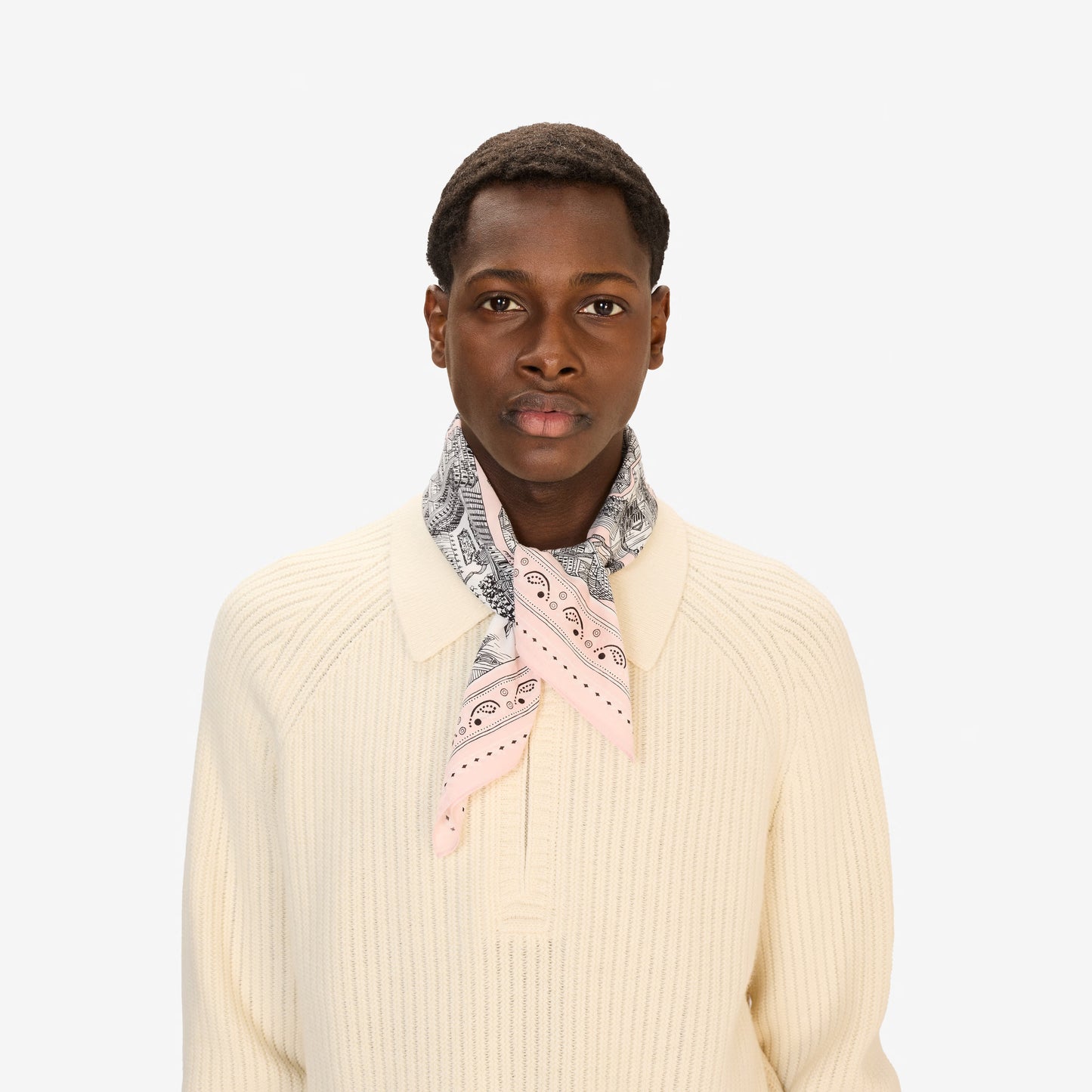 Inoui Editions fine cotton square scarf carre, Louvre map design on a pink border with intricate details
