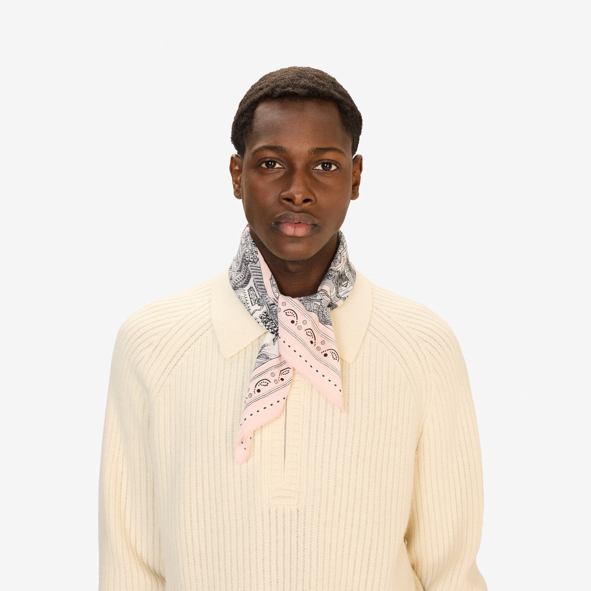 Inoui Editions fine cotton square scarf carre, Louvre map design on a pink border with intricate details