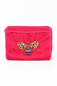 My Doris hand beaded make up bag pink velvet with bee motif