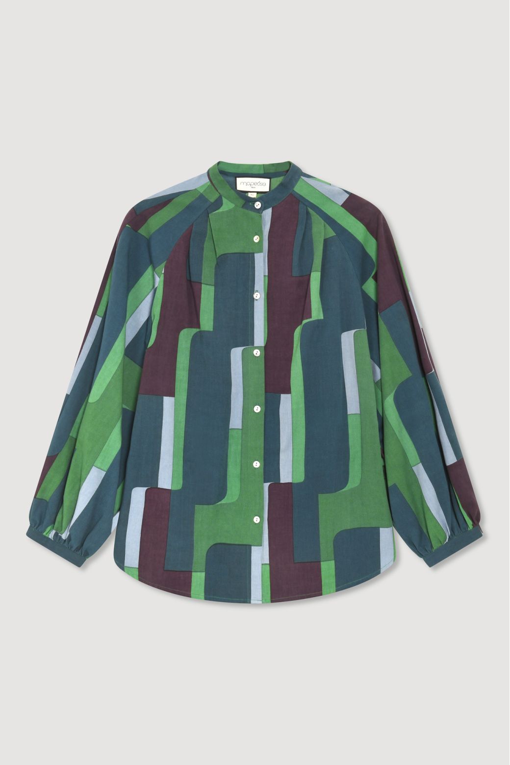 Ma Poesie Lola shirt in Petra print on cotton poplin in greens and burgundy.