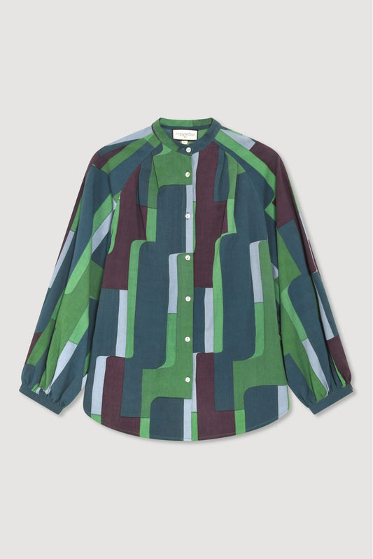 Ma Poesie Lola shirt in Petra print on cotton poplin in greens and burgundy.