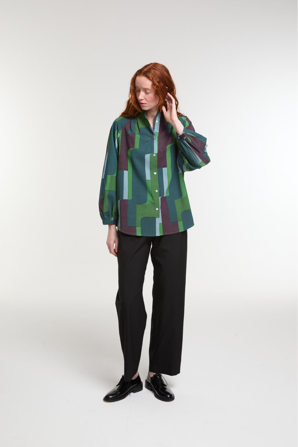 Ma Poesie Lola shirt in Petra print on cotton poplin in greens and burgundy.