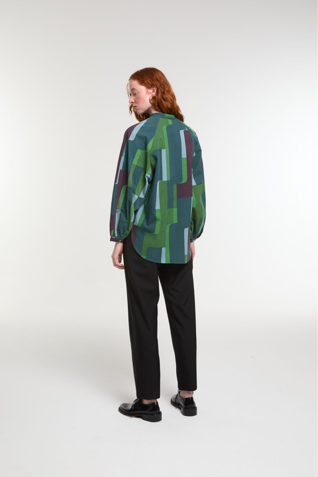 Ma Poesie Lola shirt in Petra print on cotton poplin in greens and burgundy.