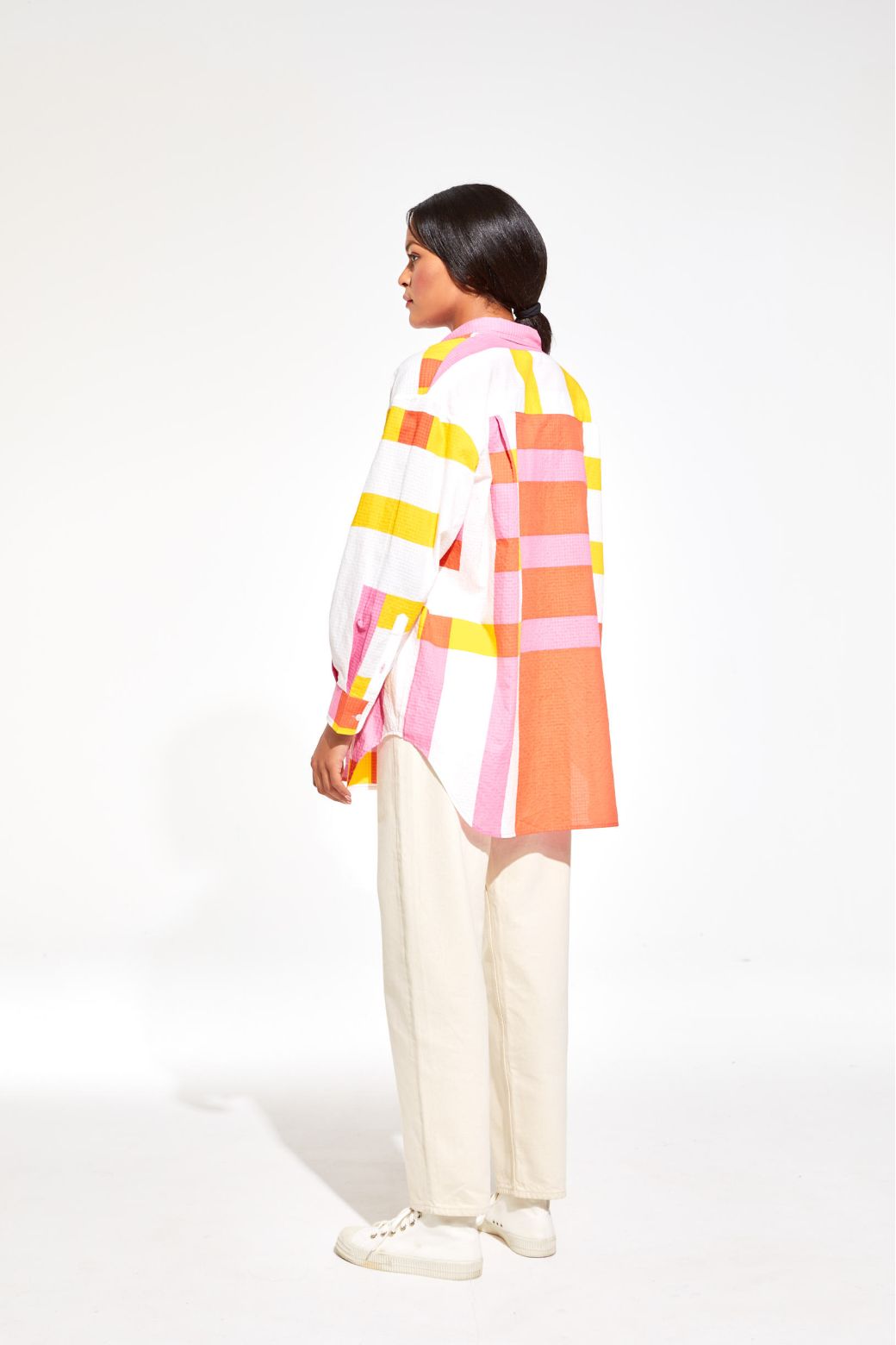 Ma Poesie Marcel Bolero button up oversized shirt in Candy pink, yellow, orange and white check stripe.