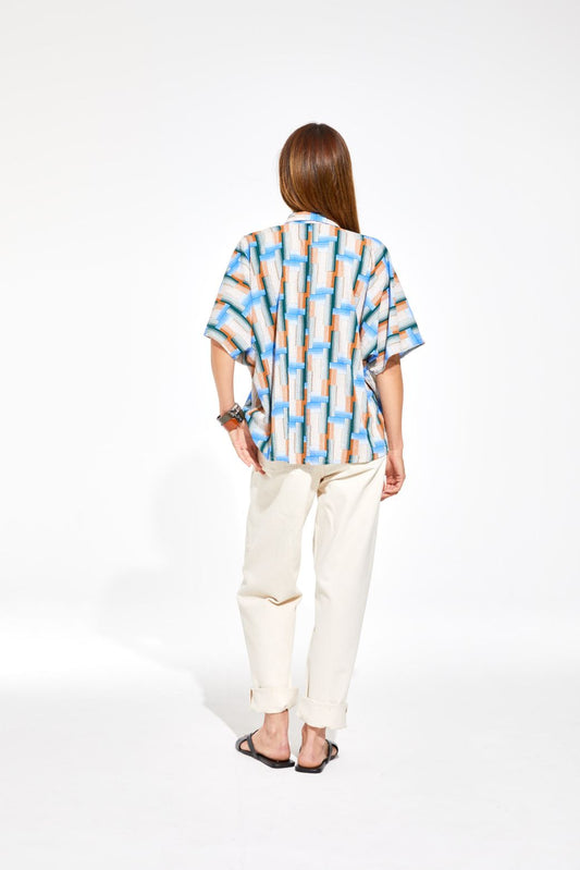 Ma Poesie cotton shirt Nora in Echo print blue, green pink and white geometric design.