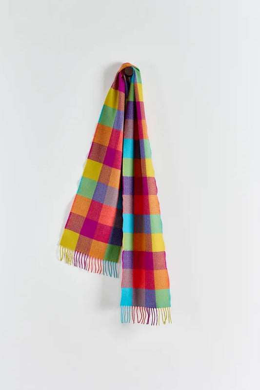 Avoca Circus rainbow multicolored checkered fine wool scarf.