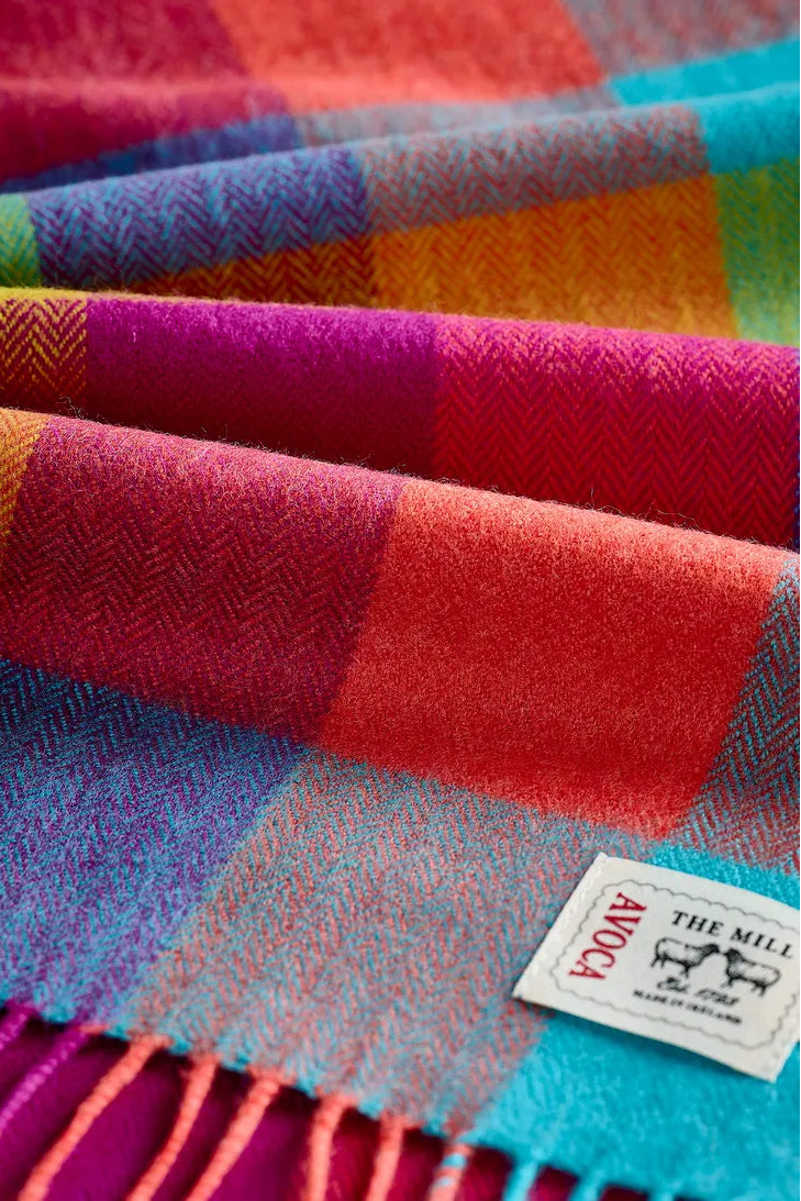 Avoca Circus rainbow multicolored checkered fine wool scarf.
