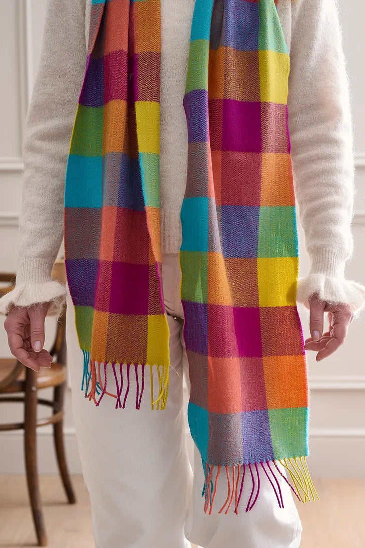 Avoca Circus rainbow multicolored checkered fine wool scarf.