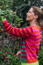 Load image into Gallery viewer, Eribe Stobo stripe reversible lambswool sweater in Rosa - pink and orange and red and purple anda green and fuchsia stripes.