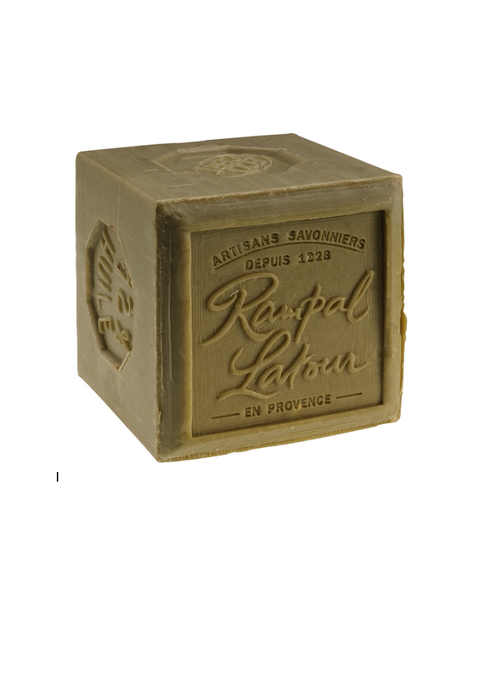 A square-shaped, olive-green soap block with embossed branding for 'Rampal Latour' on the front face, set against a plain white background.
